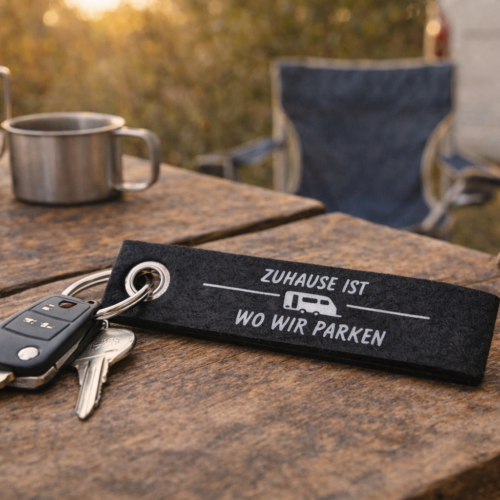 Filz Schlüsselanhänger Zuhause ist wo wir parken | Wohnmobil & Wohnwagen | Camping Geschenk Vanlife | Camper Schlüsselband