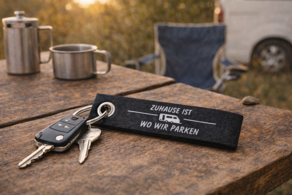 Filz Schlüsselanhänger Zuhause ist wo wir parken | Wohnmobil & Wohnwagen | Camping Geschenk Vanlife | Camper Schlüsselband