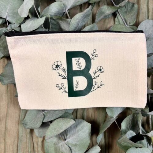 Personalisierte Kosmetiktasche mit Initiale & Blumenmotiv - Schminktasche aus Baumwolle