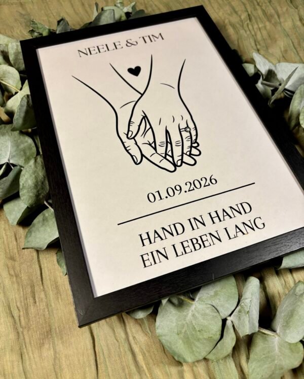 Personalisiertes Paarbild Hand in Hand - Linienzeichnung mit Namen & Datum
