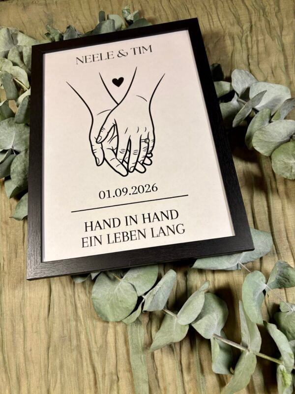Personalisiertes Paarbild Hand in Hand - Linienzeichnung mit Namen & Datum