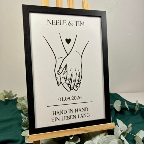 Personalisiertes Paarbild Hand in Hand - Linienzeichnung mit Namen & Datum