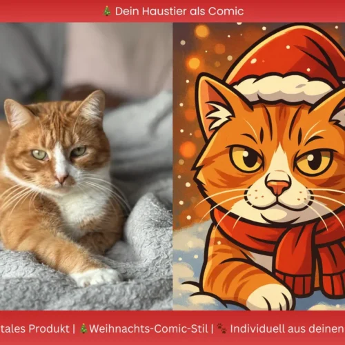 Weihnachtliches Haustier Comicporträt - Foto zu Cartoon Illustration - Digitales personalisiertes Haustierbild