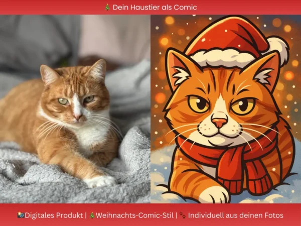 Weihnachtliches Haustier Comicporträt - Foto zu Cartoon Illustration - Digitales personalisiertes Haustierbild