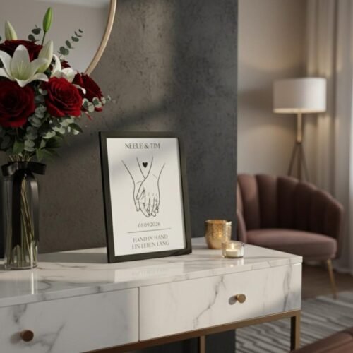 Hochzeitsgeschenk personalisiertes Paarbild „Hand in Hand“ - Datum & Namen - Geschenk zur Hochzeit, Verlobung, Jahrestag – Bild 7