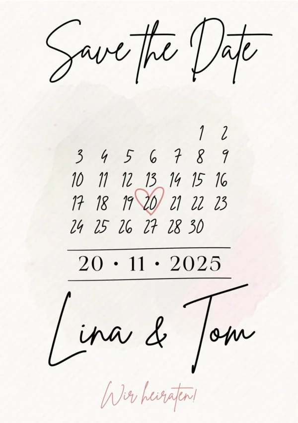 Save the Date Karte personalisiert - Digitales Datumsposter mit Namen & Datum - 3 Größen (A4, A5, Smartphone) - 3 Farbvarianten