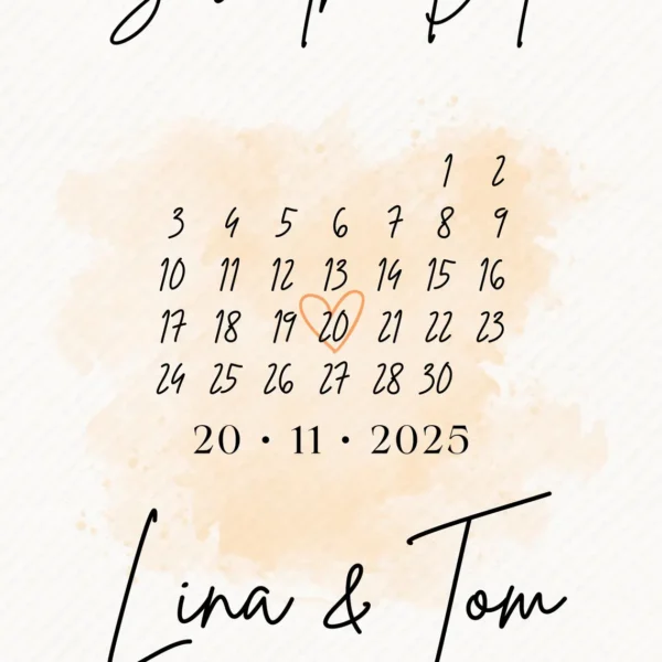 Save the Date Karte personalisiert - Digitales Datumsposter mit Namen & Datum - 3 Größen (A4, A5, Smartphone) - 3 Farbvarianten