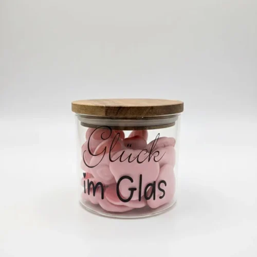 Geschenkglas mit Holzdeckel - „Glück im Glas“ - 450ml Vorratsglas - Deko Glas zum Befüllen - perfekte Geschenkidee