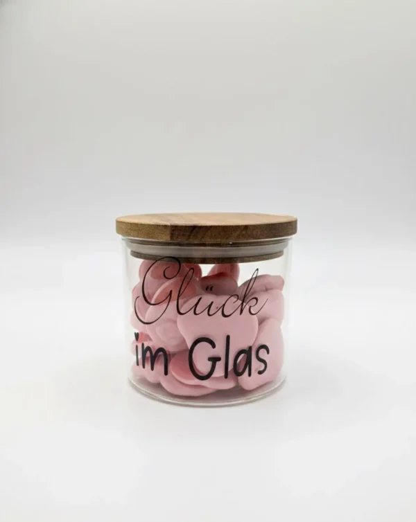 Geschenkglas mit Holzdeckel - „Glück im Glas“ - 450ml Vorratsglas - Deko Glas zum Befüllen - perfekte Geschenkidee