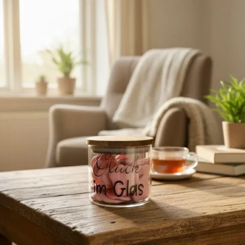 Geschenkglas mit Holzdeckel - „Glück im Glas“ - 450ml Vorratsglas - Deko Glas zum Befüllen - perfekte Geschenkidee