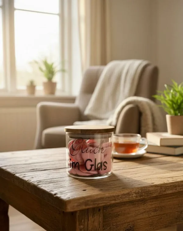 Geschenkglas mit Holzdeckel - „Glück im Glas“ - 450ml Vorratsglas - Deko Glas zum Befüllen - perfekte Geschenkidee