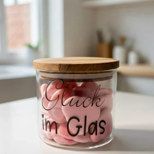 Geschenkglas mit Holzdeckel - „Glück im Glas“ - 450ml Vorratsglas - Deko Glas zum Befüllen - perfekte Geschenkidee – Bild 1