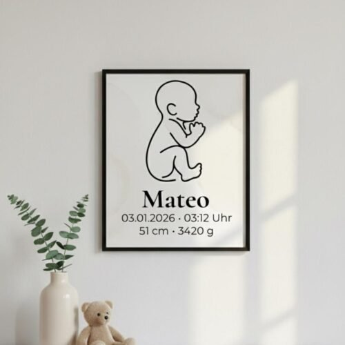 Personalisierbares Baby Poster – Geburtsdaten Print & Digital Download – Minimalistische Line Art – Geschenk zur Geburt, Taufe, Babyzimmer