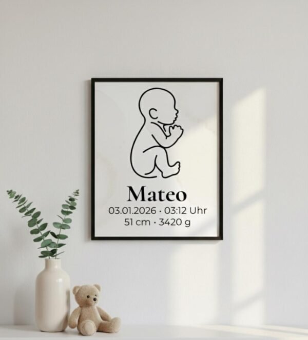 Personalisierbares Baby Poster – Geburtsdaten Print & Digital Download – Minimalistische Line Art – Geschenk zur Geburt, Taufe, Babyzimmer