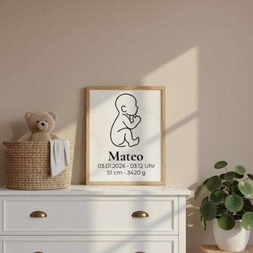 Personalisierbares Baby Poster – Geburtsdaten Print & Digital Download – Minimalistische Line Art – Geschenk zur Geburt, Taufe, Babyzimmer