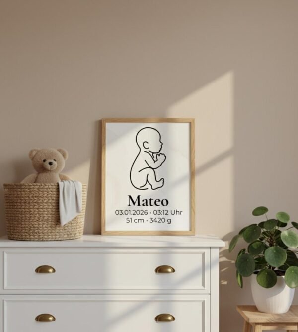 Personalisierbares Baby Poster – Geburtsdaten Print & Digital Download – Minimalistische Line Art – Geschenk zur Geburt, Taufe, Babyzimmer