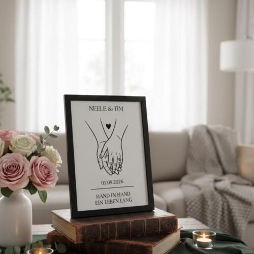 Hochzeitsgeschenk personalisiertes Paarbild „Hand in Hand“ - Datum & Namen - Geschenk zur Hochzeit, Verlobung, Jahrestag – Bild 8