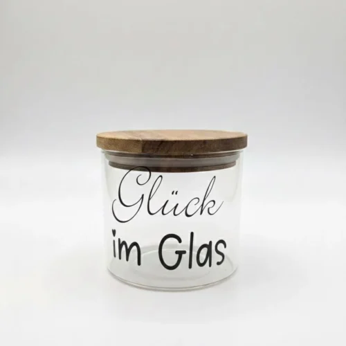 Geschenkglas mit Holzdeckel - „Glück im Glas“ - 450ml Vorratsglas - Deko Glas zum Befüllen - perfekte Geschenkidee