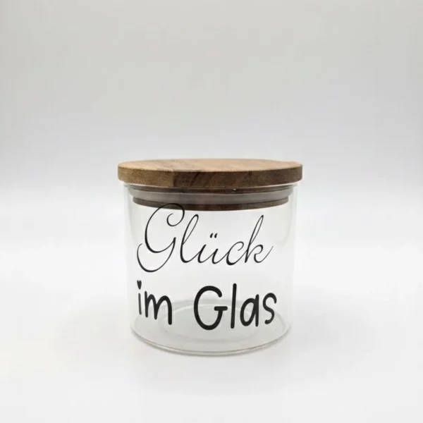 Geschenkglas mit Holzdeckel - „Glück im Glas“ - 450ml Vorratsglas - Deko Glas zum Befüllen - perfekte Geschenkidee