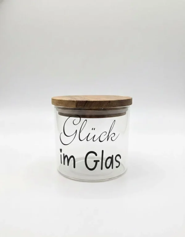 Geschenkglas mit Holzdeckel - „Glück im Glas“ - 450ml Vorratsglas - Deko Glas zum Befüllen - perfekte Geschenkidee