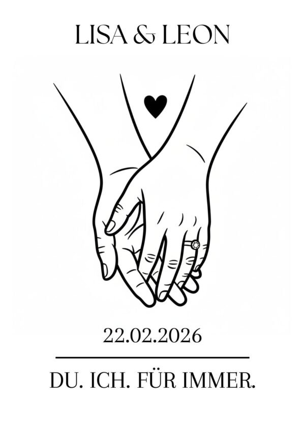 Personalisiertes Paarbild Hand in Hand – Linienzeichnung mit Namen & Datum – Geschenk für Paare, Hochzeit, Jahrestag, Valentinstag