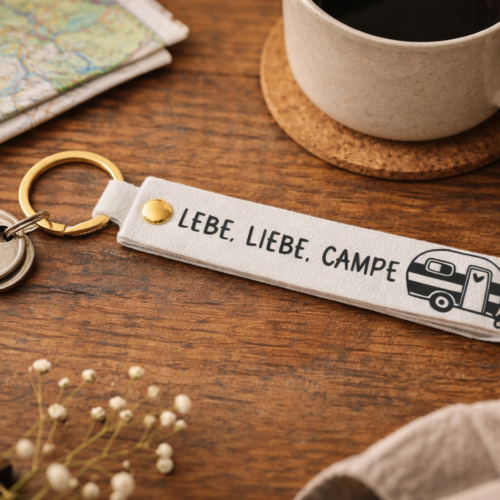 Schlüsselanhänger Camping "Lebe Liebe Campe" | Geschenk Camper & Vanlife | Wohnwagen Schlüsselband | Caravan Reiselust Accessoire