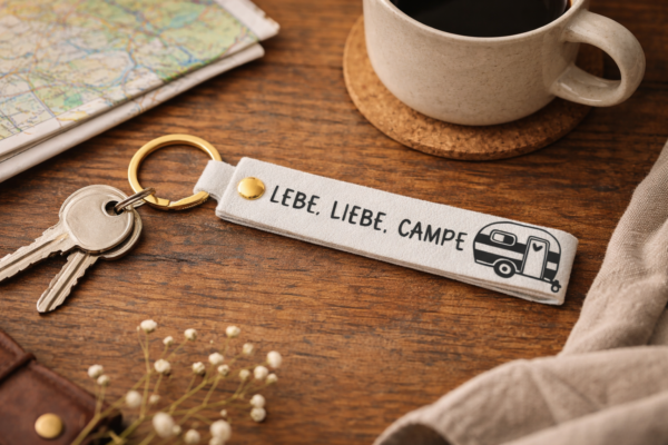 Schlüsselanhänger Camping "Lebe Liebe Campe" | Geschenk Camper & Vanlife | Wohnwagen Schlüsselband | Caravan Reiselust Accessoire