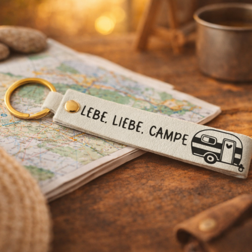 Schlüsselanhänger Camping "Lebe Liebe Campe" | Geschenk Camper & Vanlife | Wohnwagen Schlüsselband | Caravan Reiselust Accessoire