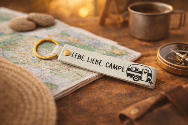 Schlüsselanhänger Camping "Lebe Liebe Campe" | Geschenk Camper & Vanlife | Wohnwagen Schlüsselband | Caravan Reiselust Accessoire