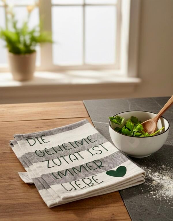 Küchenhandtuch mit Spruch - „Die geheime Zutat ist Liebe“ - dekoratives Küchentuch