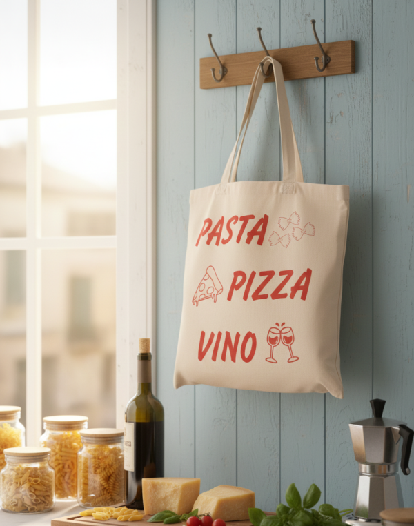Pasta Pizza Vino Stofftasche | Italien Einkaufstasche | Geschenk für Italien Fans | Jutebeutel Foodie | Baumwolltasche Pasta Lover